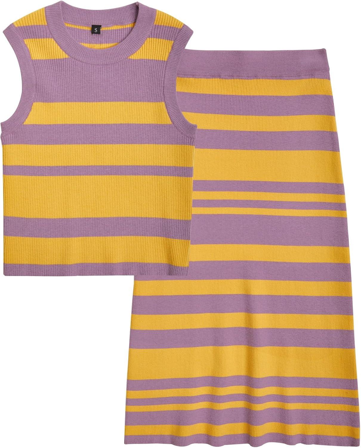 image:imageArachampCloz Womens Non See Through 2 Piece Sets Tank Top and Midi Skirt Knit OutfitsPurpleyellow