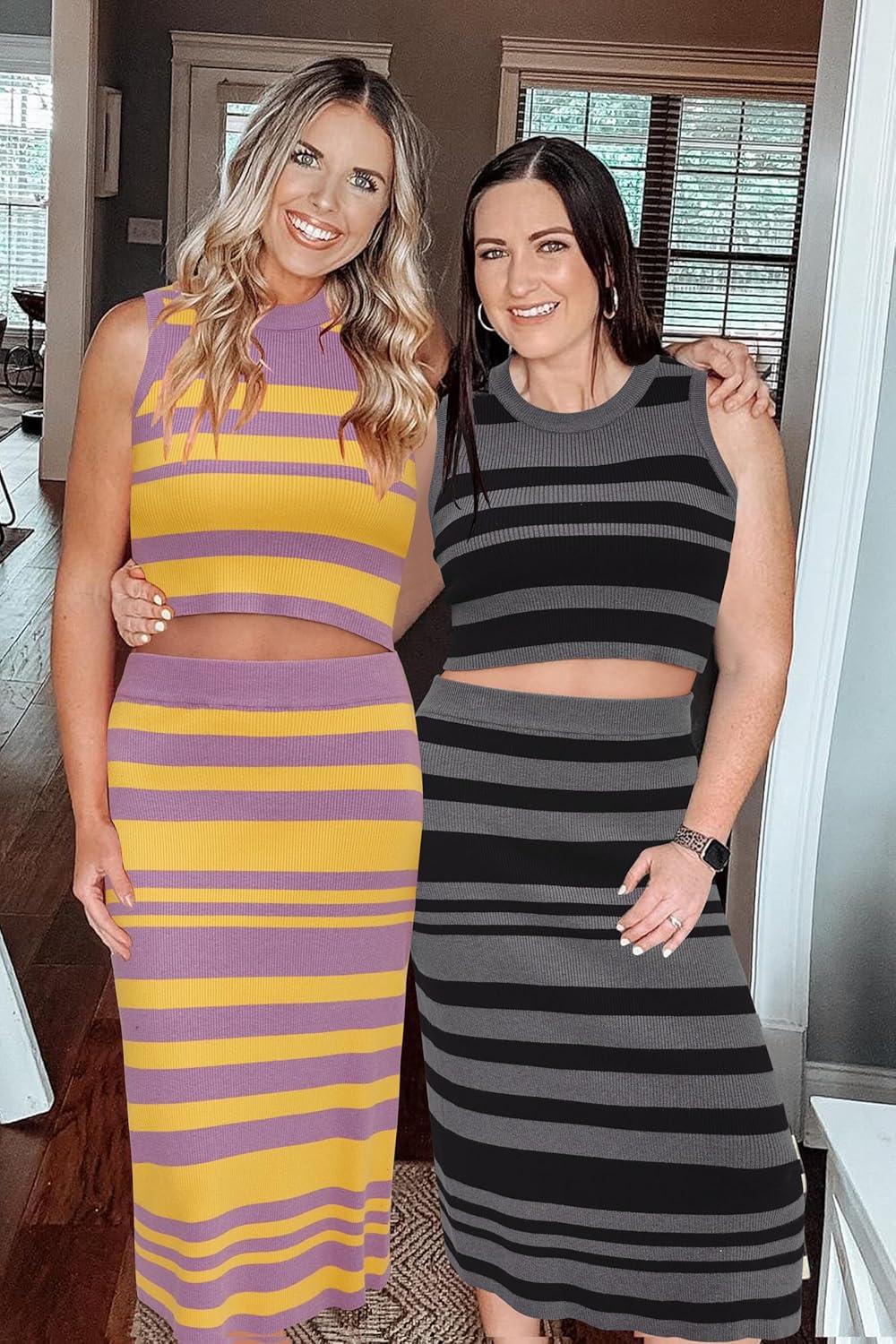 image:imageArachampCloz Womens Non See Through 2 Piece Sets Tank Top and Midi Skirt Knit OutfitsPurpleyellow