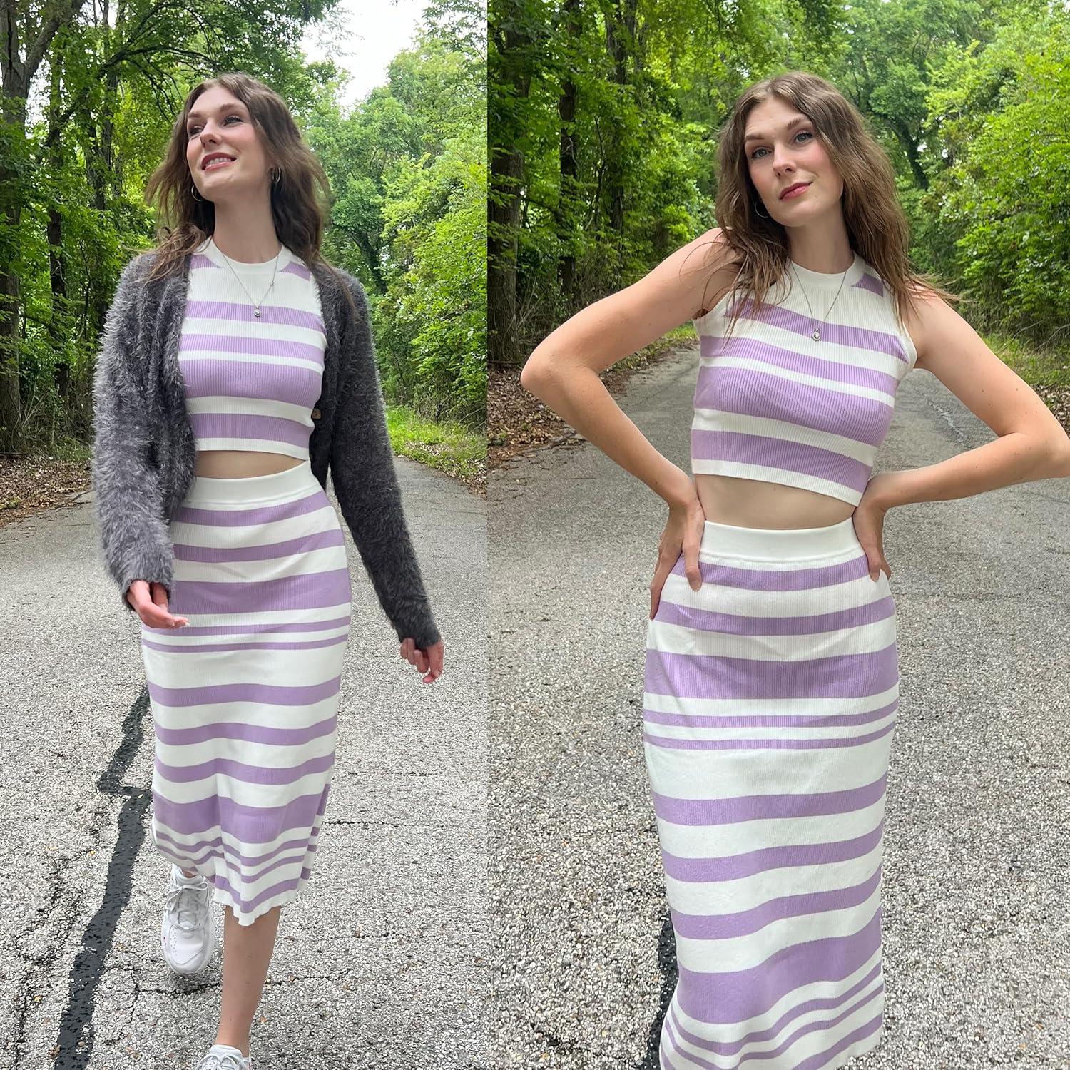 image:imageArachampCloz Womens Non See Through 2 Piece Sets Tank Top and Midi Skirt Knit OutfitsWhitepurple Stripe