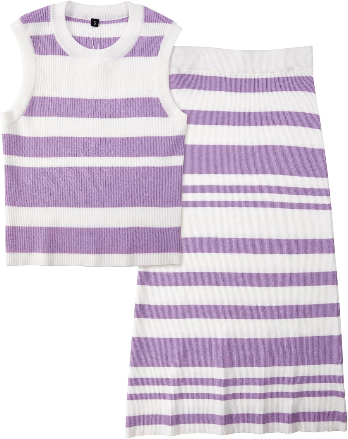 image:imageArachampCloz Womens Non See Through 2 Piece Sets Tank Top and Midi Skirt Knit OutfitsWhitepurple Stripe