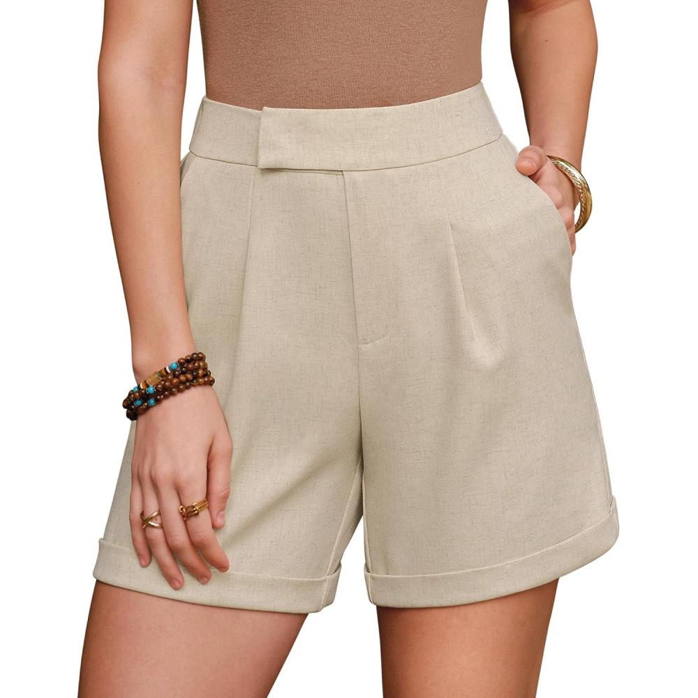 image:imageArachampCloz Womens Linen Blend High Waist Business Casual Wide Leg Shorts 2026Khaki