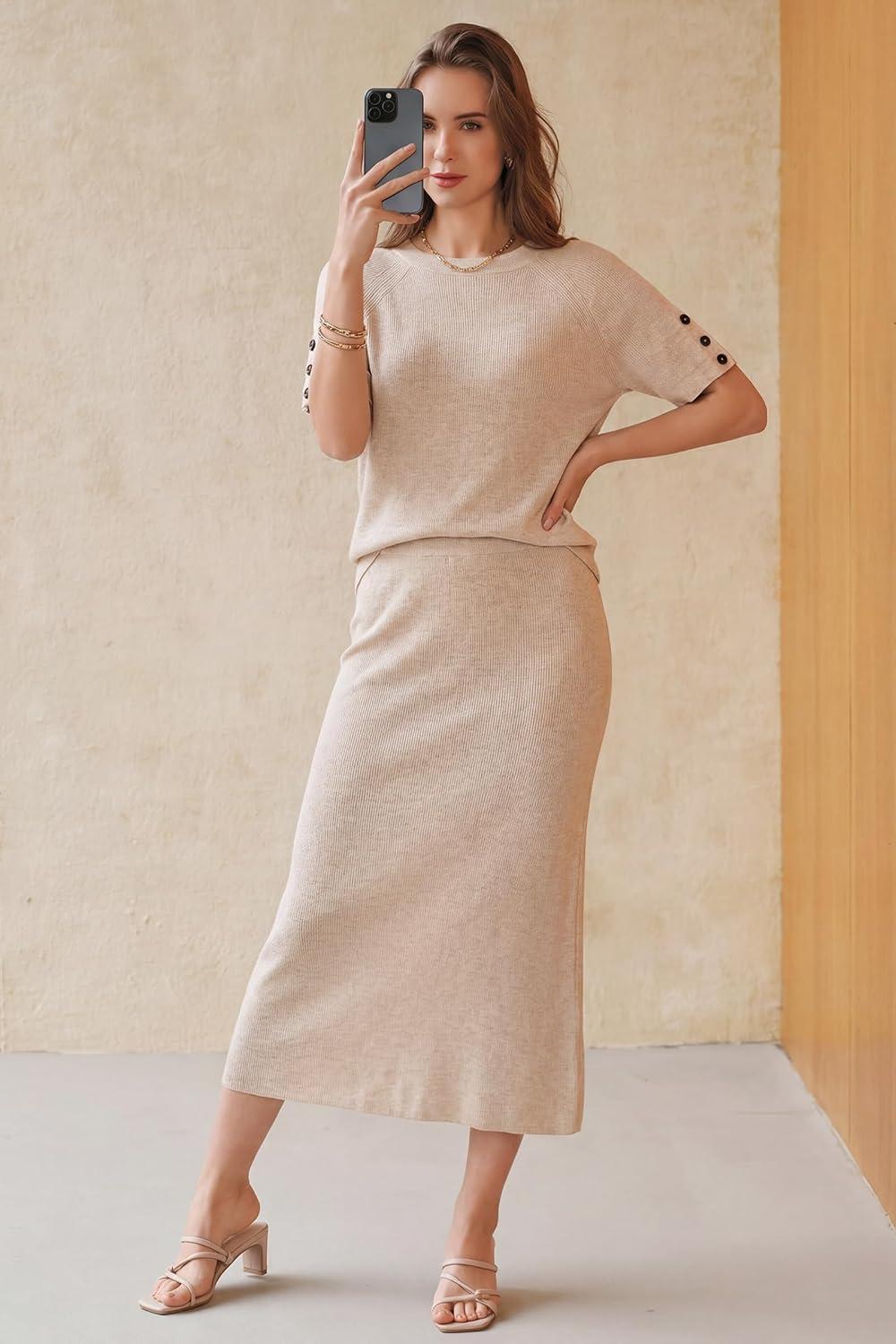 image:imageArachampCloz Womens Wool Blend Sweater 2 Piece Sets Business Casual Short Sleeve Top Midi Dress OutfitsApricot