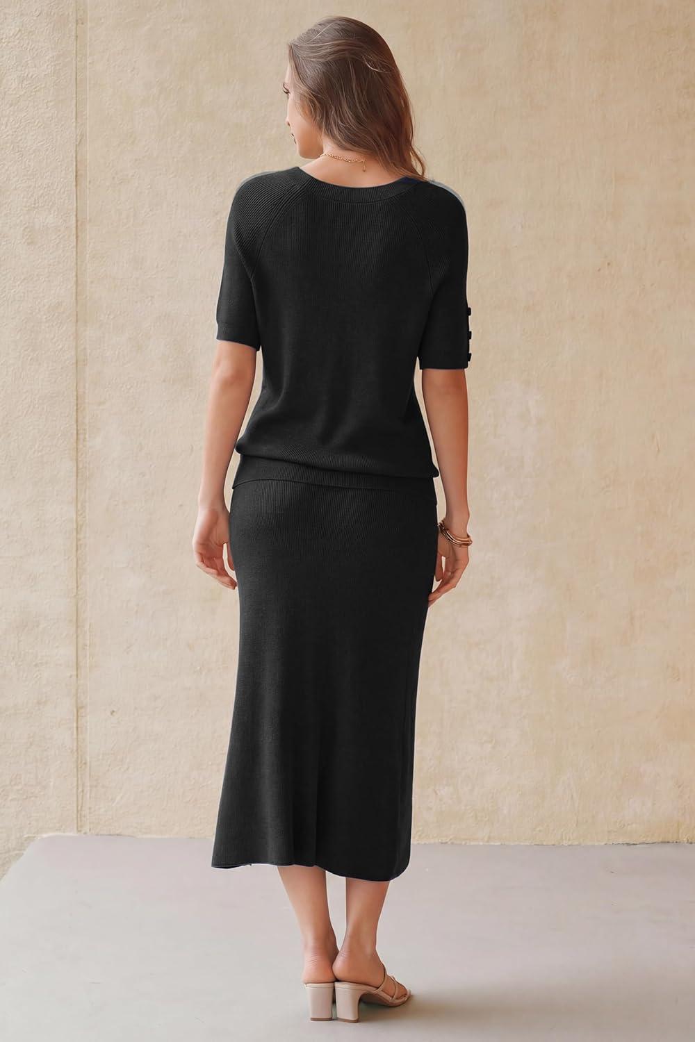 image:imageArachampCloz Womens Wool Blend Sweater 2 Piece Sets Business Casual Short Sleeve Top Midi Dress OutfitsBlack