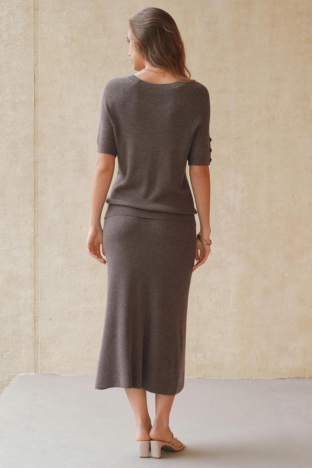 image:imageArachampCloz Womens Wool Blend Sweater 2 Piece Sets Business Casual Short Sleeve Top Midi Dress OutfitsCoffee