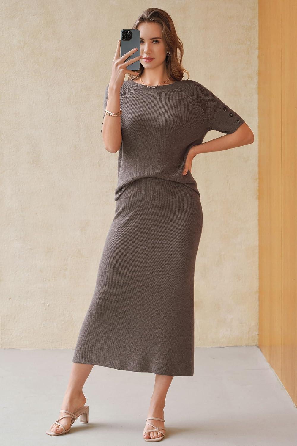 image:imageArachampCloz Womens Wool Blend Sweater 2 Piece Sets Business Casual Short Sleeve Top Midi Dress OutfitsCoffee
