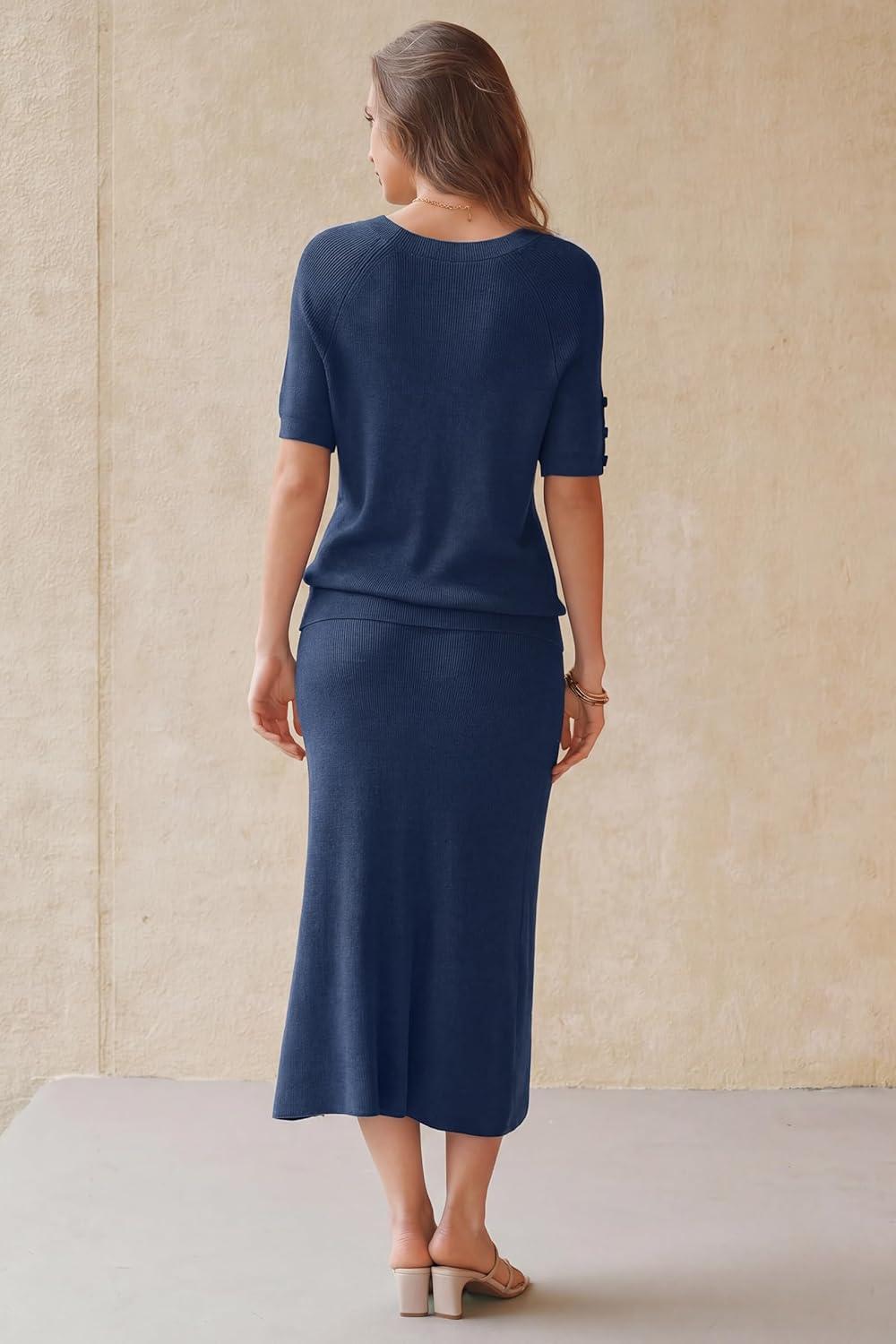 image:imageArachampCloz Womens Wool Blend Sweater 2 Piece Sets Business Casual Short Sleeve Top Midi Dress OutfitsNavy