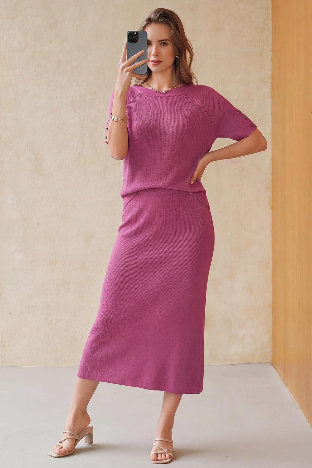 image:imageArachampCloz Womens Wool Blend Sweater 2 Piece Sets Business Casual Short Sleeve Top Midi Dress OutfitsRose Red