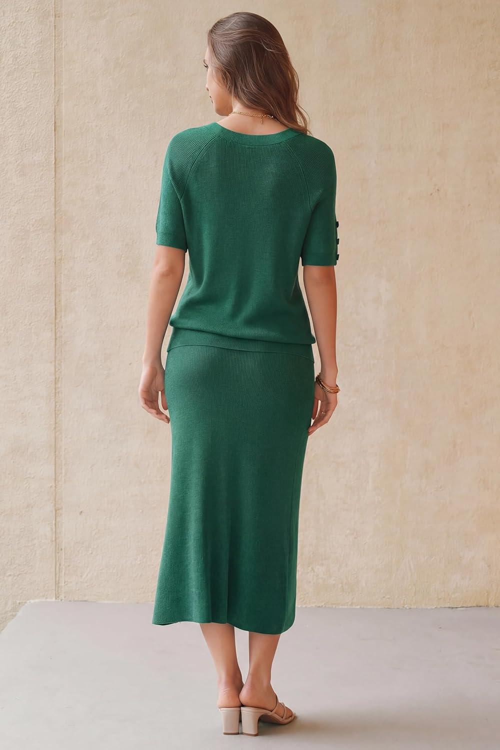image:imageArachampCloz Womens Wool Blend Sweater 2 Piece Sets Business Casual Short Sleeve Top Midi Dress OutfitsTeal
