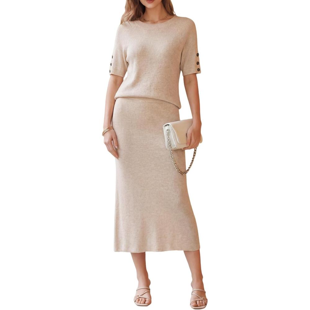 image:imageArachampCloz Womens Wool Blend Sweater 2 Piece Sets Business Casual Short Sleeve Top Midi Dress OutfitsApricot
