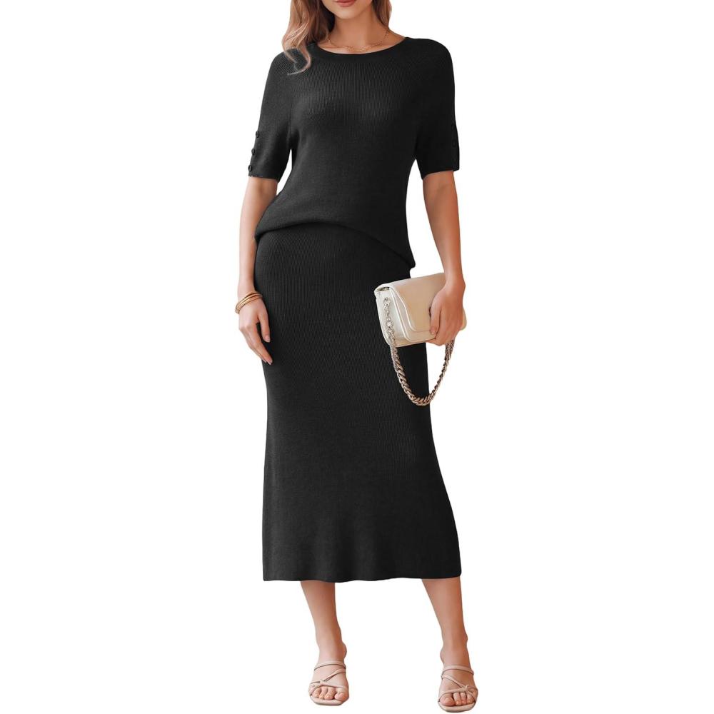 image:imageArachampCloz Womens Wool Blend Sweater 2 Piece Sets Business Casual Short Sleeve Top Midi Dress OutfitsBlack