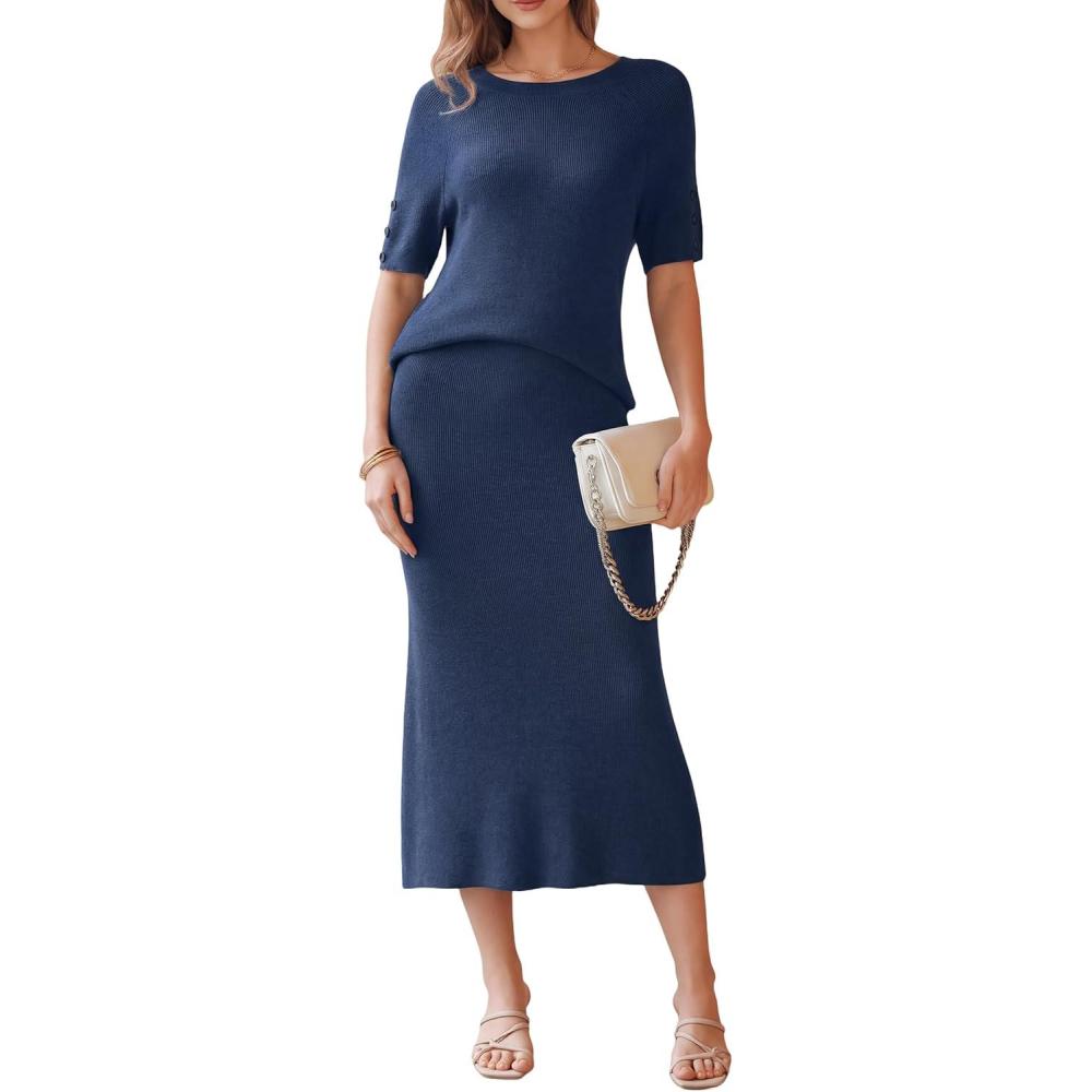 image:imageArachampCloz Womens Wool Blend Sweater 2 Piece Sets Business Casual Short Sleeve Top Midi Dress OutfitsNavy