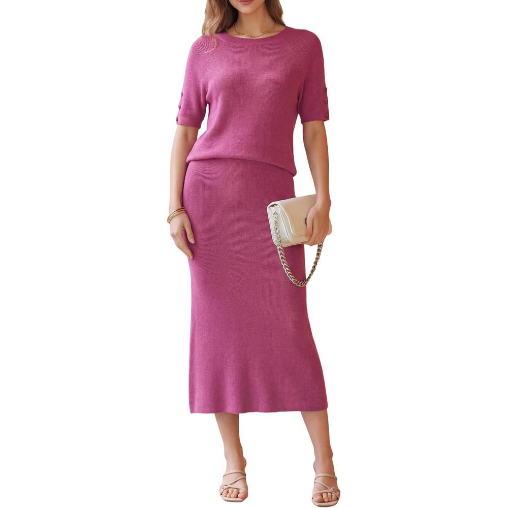 image:imageArachampCloz Womens Wool Blend Sweater 2 Piece Sets Business Casual Short Sleeve Top Midi Dress OutfitsRose Red