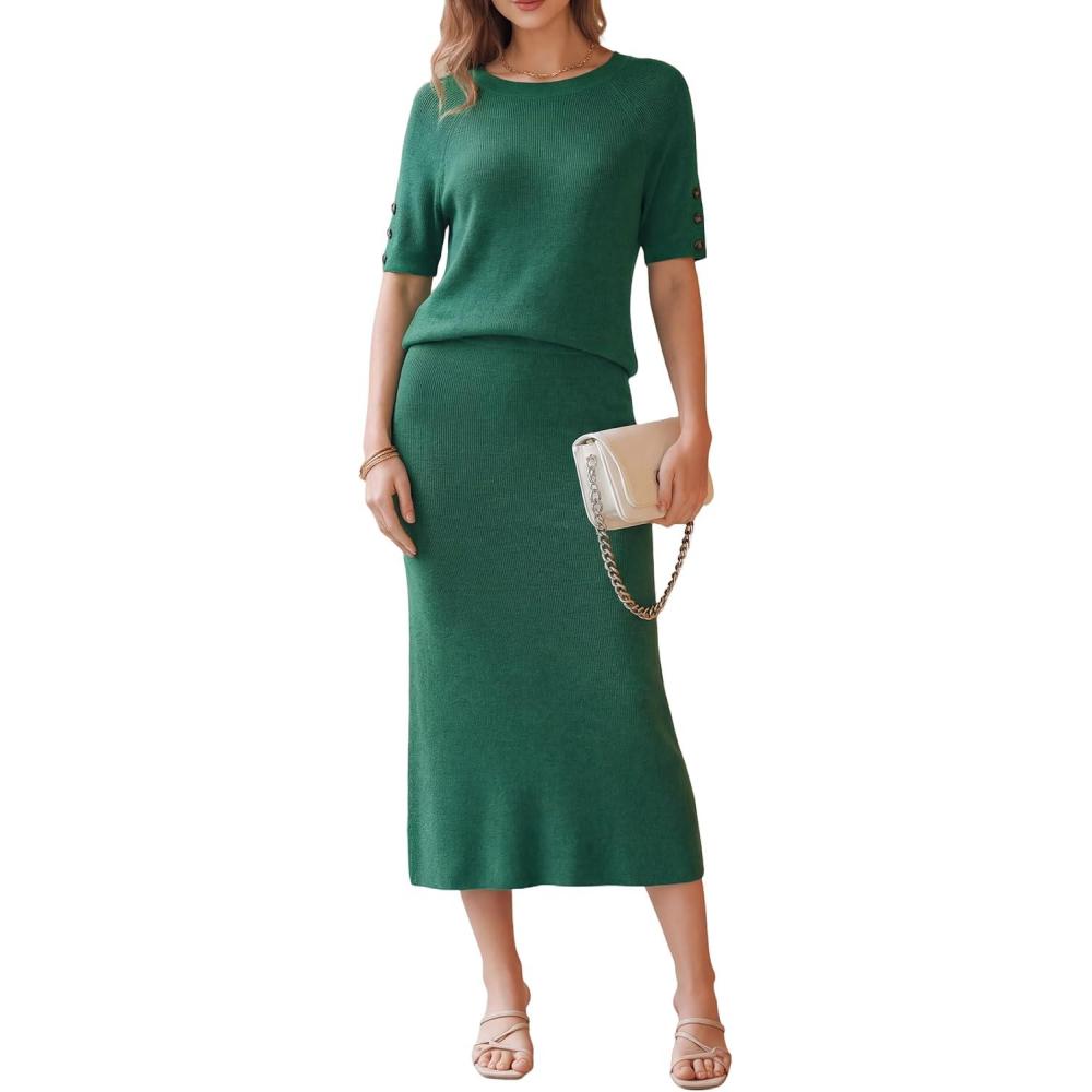 image:imageArachampCloz Womens Wool Blend Sweater 2 Piece Sets Business Casual Short Sleeve Top Midi Dress OutfitsTeal