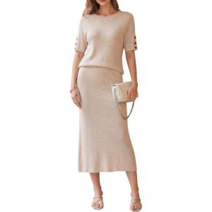 Arach&Cloz Women’s Wool Blend Sweater 2 Piece Sets Business Casual Short Sleeve Top Midi Dress Outfits(Apricot)