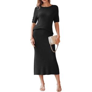 Arach&Cloz Women’s Wool Blend Sweater 2 Piece Sets Business Casual Short Sleeve Top Midi Dress Outfits(Black)