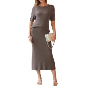 Arach&Cloz Women’s Wool Blend Sweater 2 Piece Sets Business Casual Short Sleeve Top Midi Dress Outfits(Coffee)