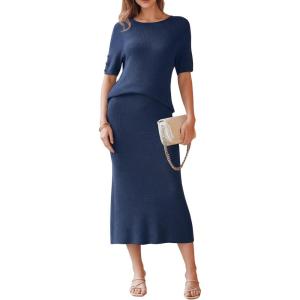 Arach&Cloz Women’s Wool Blend Sweater 2 Piece Sets Business Casual Short Sleeve Top Midi Dress Outfits(Navy)