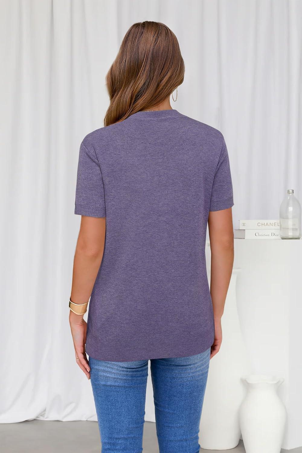 image:imageArachampCloz Womens Lightweight Wool Blend Short Sleeve Sweater Top Business CasualAcorn Violet
