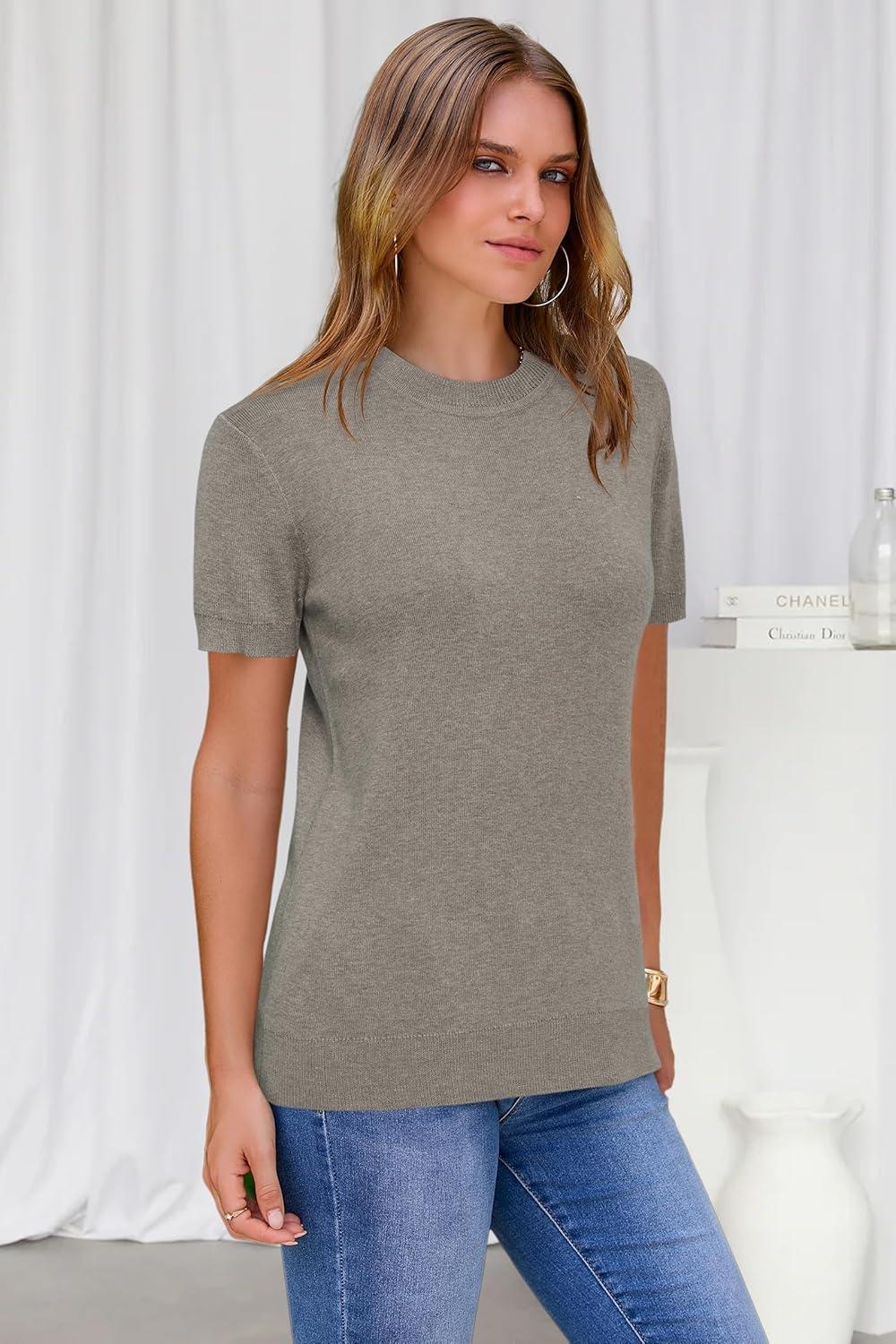 image:imageArachampCloz Womens Lightweight Wool Blend Short Sleeve Sweater Top Business CasualAgray Mocha
