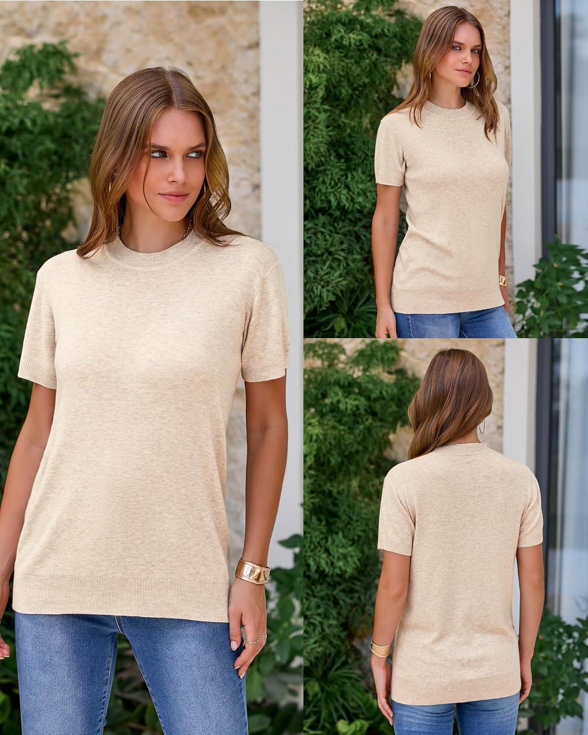 image:imageArachampCloz Womens Lightweight Wool Blend Short Sleeve Sweater Top Business CasualApricot