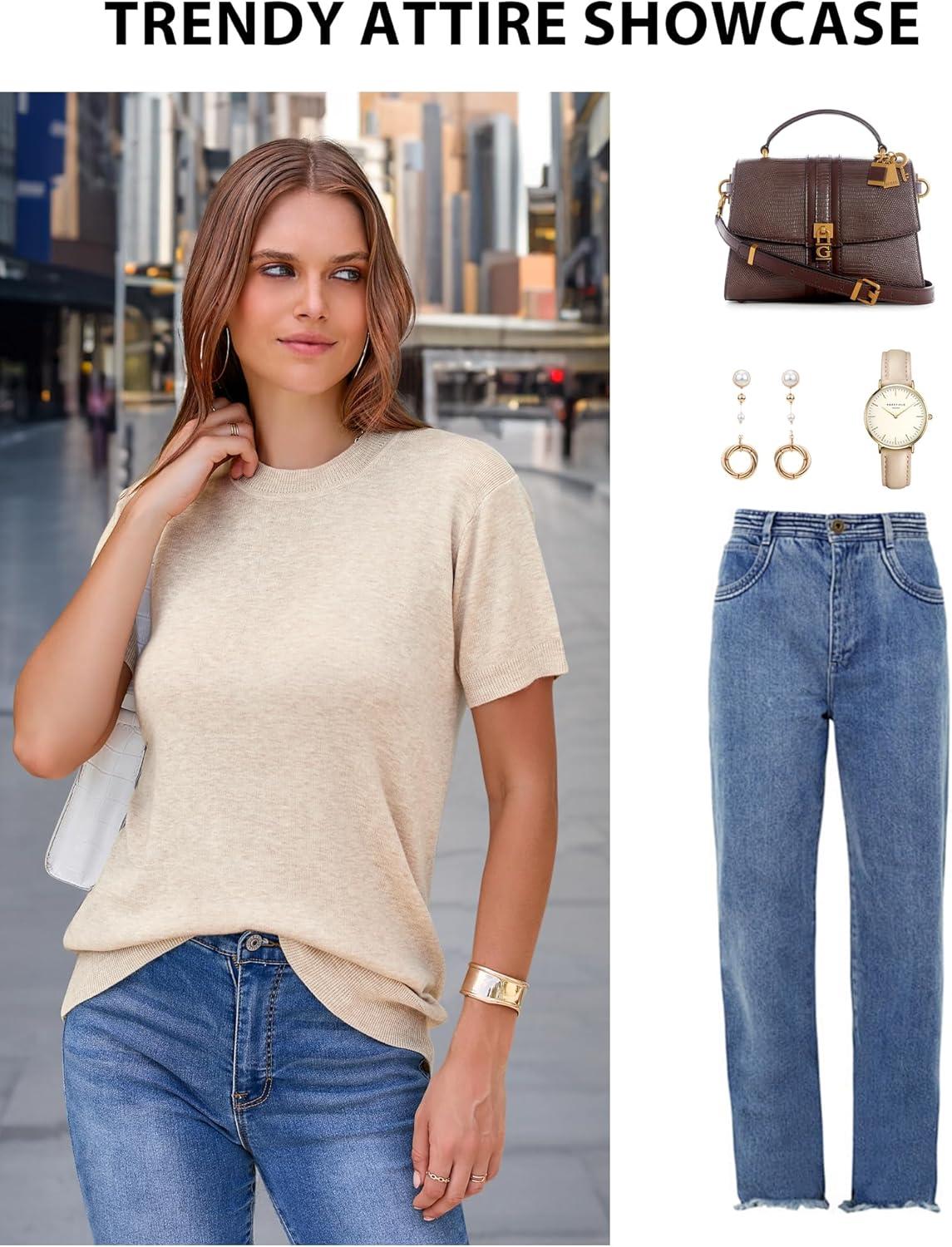 image:imageArachampCloz Womens Lightweight Wool Blend Short Sleeve Sweater Top Business CasualApricot