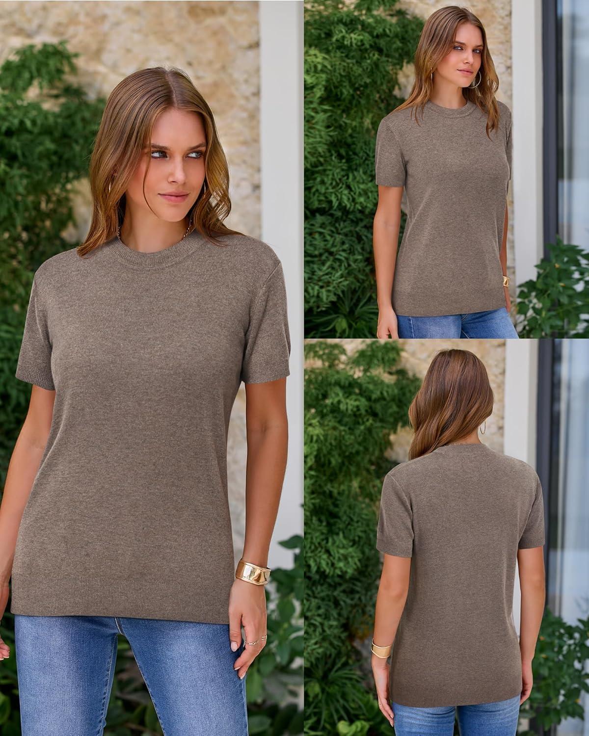 image:imageArachampCloz Womens Lightweight Wool Blend Short Sleeve Sweater Top Business CasualCoffee