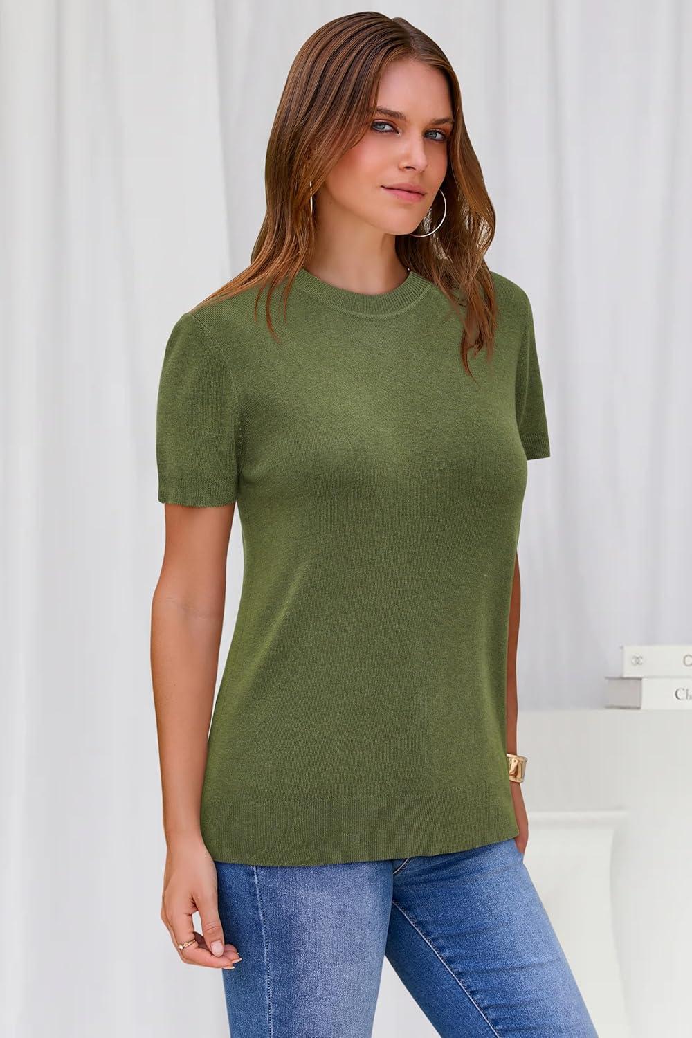 image:imageArachampCloz Womens Lightweight Wool Blend Short Sleeve Sweater Top Business CasualGrass Green