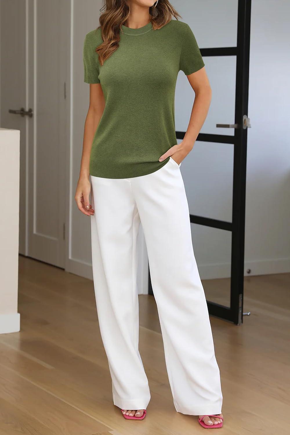 image:imageArachampCloz Womens Lightweight Wool Blend Short Sleeve Sweater Top Business CasualGrass Green