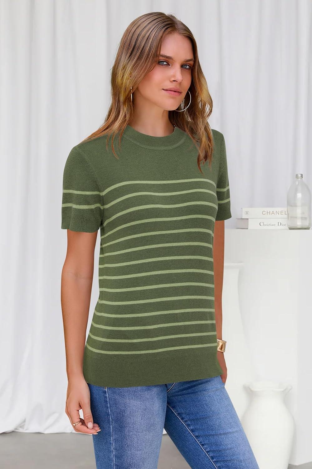 image:imageArachampCloz Womens Lightweight Wool Blend Short Sleeve Sweater Top Business CasualGrass Greenavocado Green