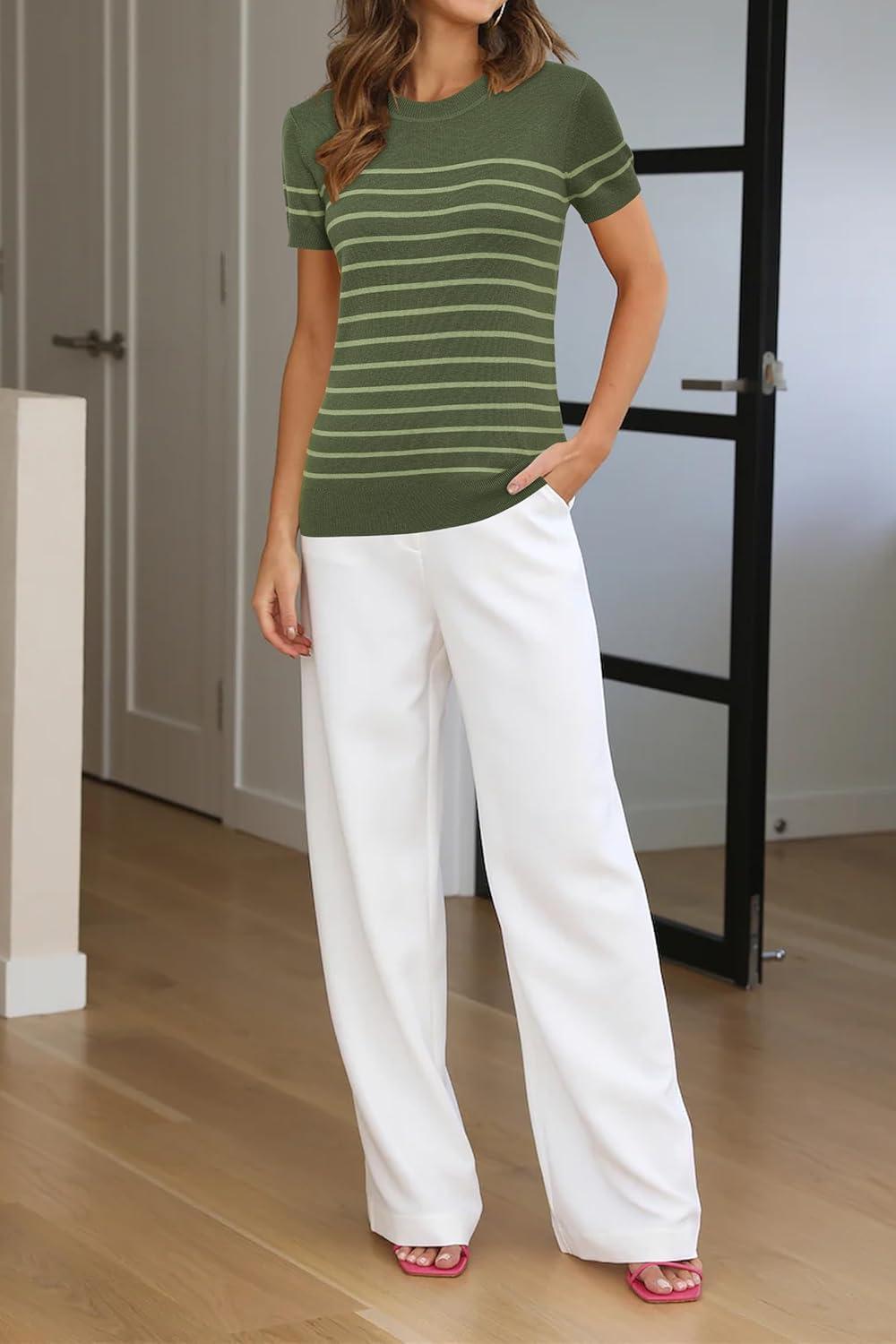 image:imageArachampCloz Womens Lightweight Wool Blend Short Sleeve Sweater Top Business CasualGrass Greenavocado Green