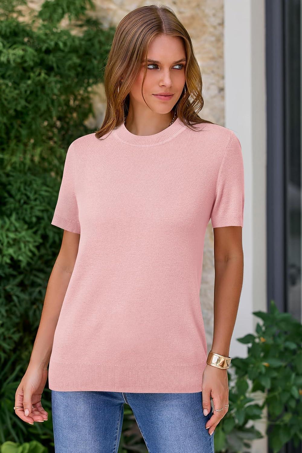 image:imageArachampCloz Womens Lightweight Wool Blend Short Sleeve Sweater Top Business CasualLight Pink
