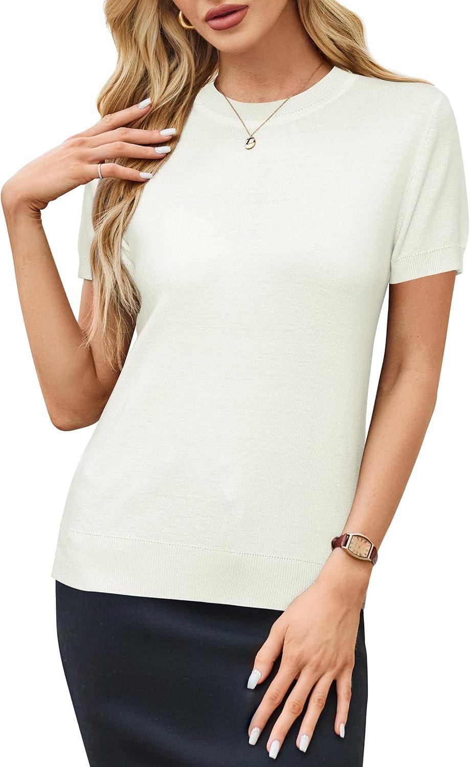 image:imageArachampCloz Womens Lightweight Wool Blend Short Sleeve Sweater Top Business CasualOffwhite