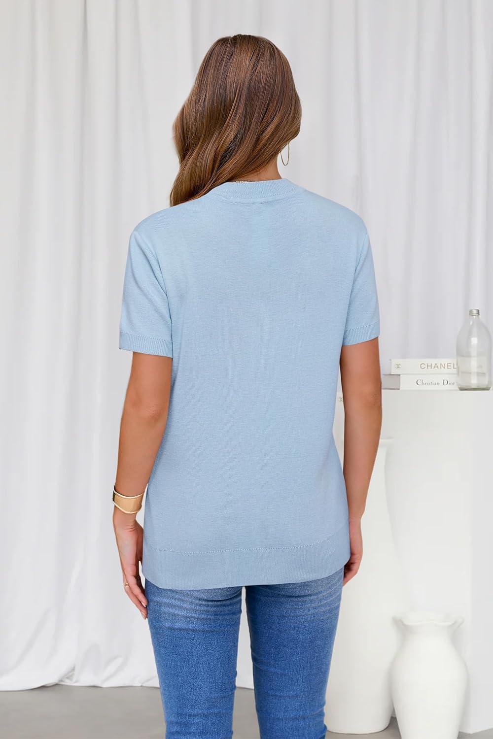 image:imageArachampCloz Womens Lightweight Wool Blend Short Sleeve Sweater Top Business CasualPale Blue
