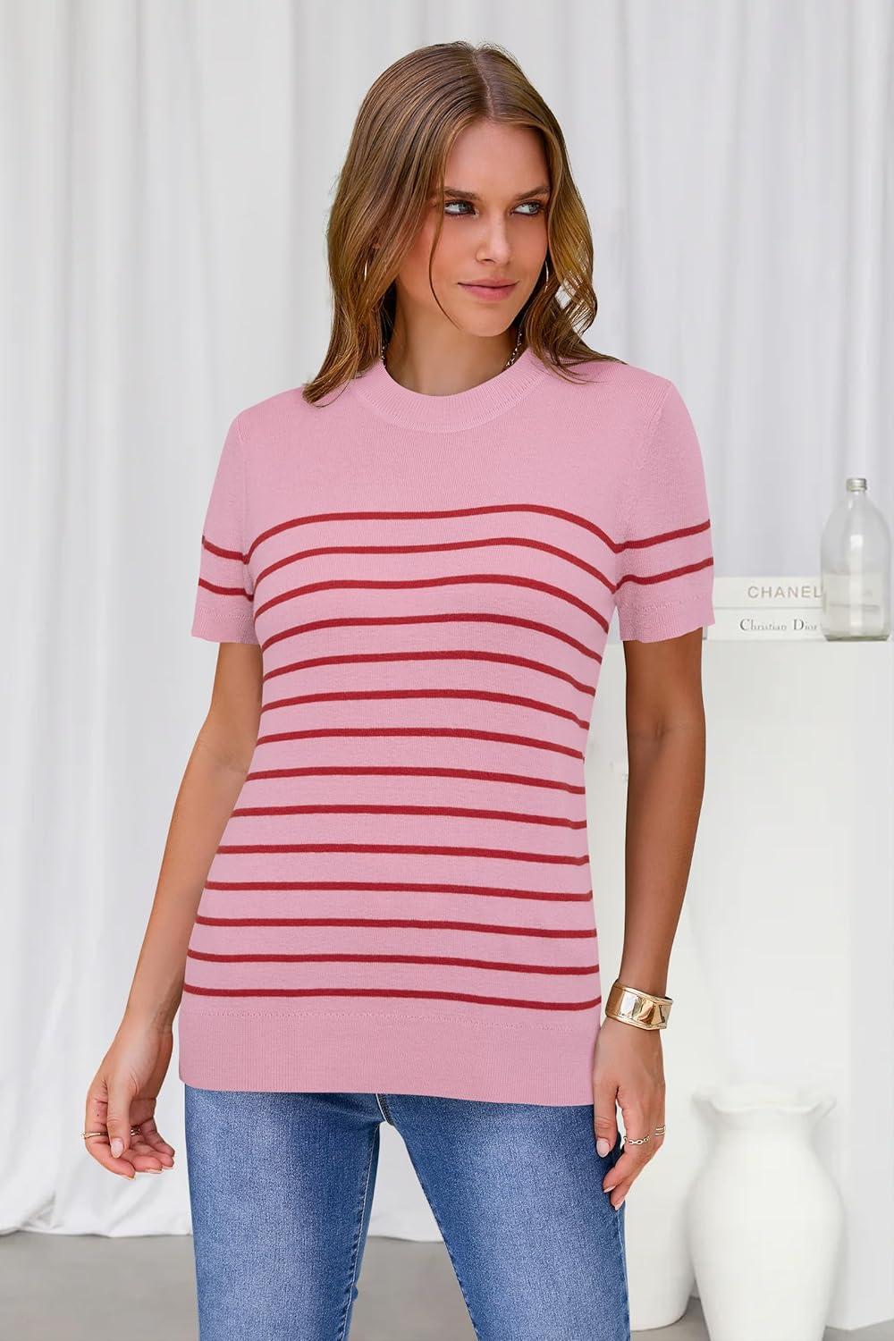 image:imageArachampCloz Womens Lightweight Wool Blend Short Sleeve Sweater Top Business CasualPinkred