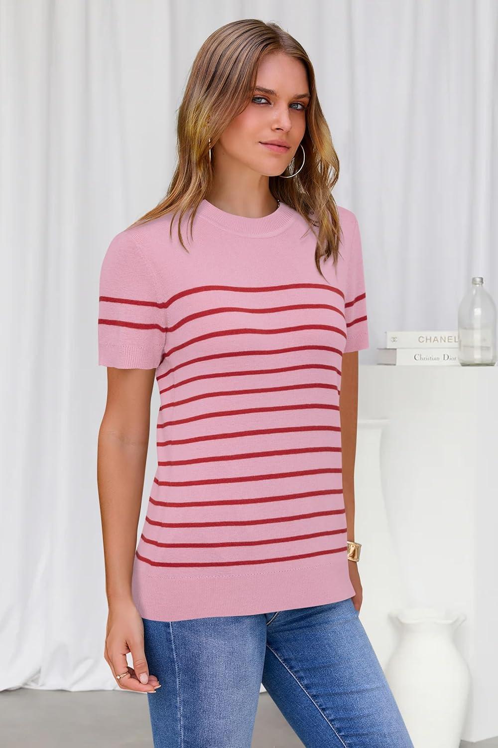 image:imageArachampCloz Womens Lightweight Wool Blend Short Sleeve Sweater Top Business CasualPinkred