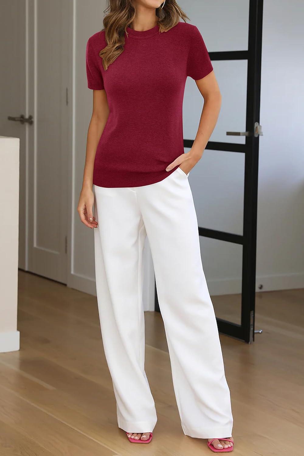 image:imageArachampCloz Womens Lightweight Wool Blend Short Sleeve Sweater Top Business CasualRed