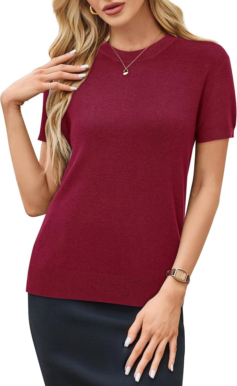 image:imageArachampCloz Womens Lightweight Wool Blend Short Sleeve Sweater Top Business CasualRed