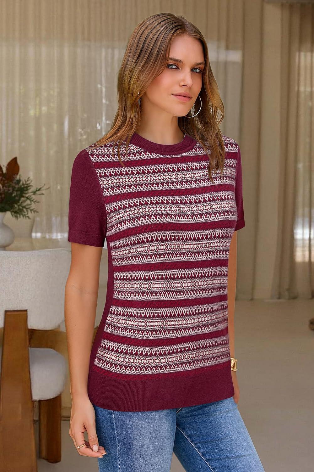 image:imageArachampCloz Womens Lightweight Wool Blend Short Sleeve Sweater Top Business CasualWine5192