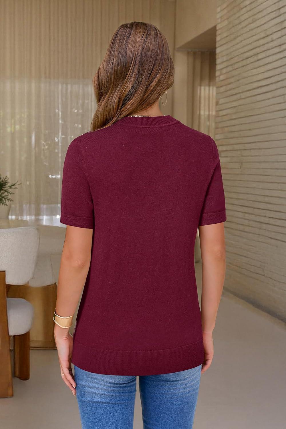 image:imageArachampCloz Womens Lightweight Wool Blend Short Sleeve Sweater Top Business CasualWine5192