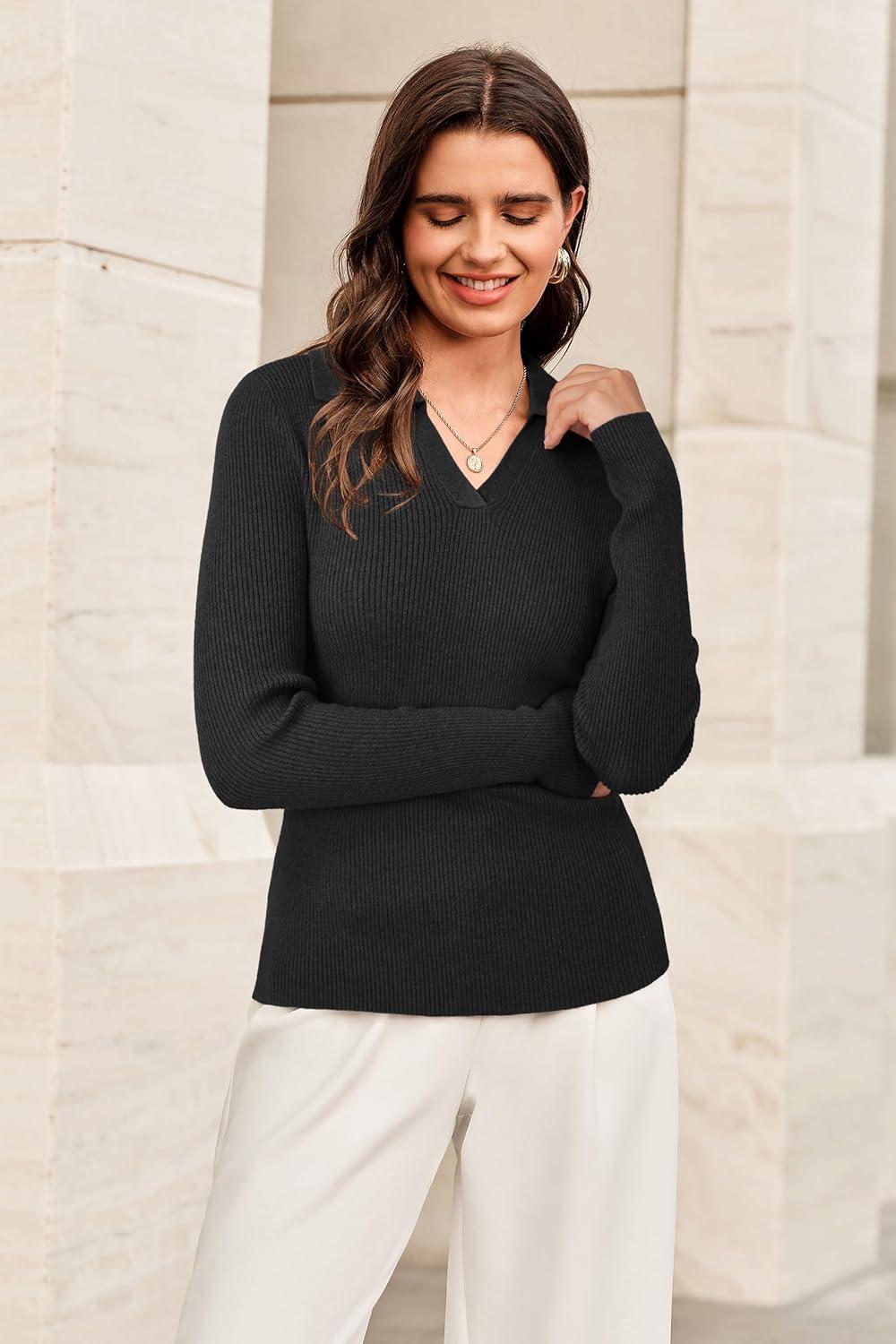 image:imageArachampCloz Womens Wool Blend Polo Sweater Shirt Business Casual Slim Fitted Fall Tops 2025Black