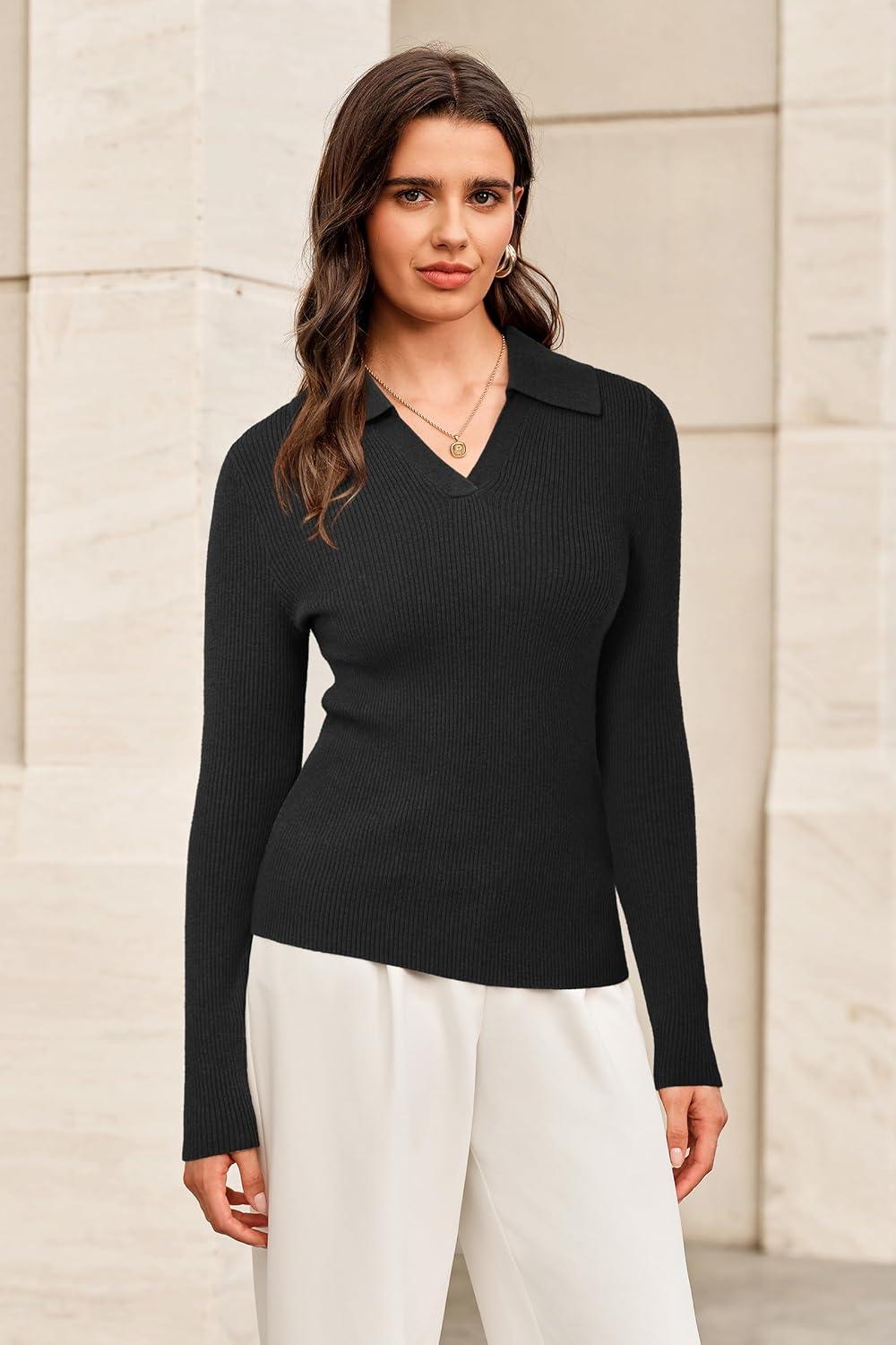 image:imageArachampCloz Womens Wool Blend Polo Sweater Shirt Business Casual Slim Fitted Fall Tops 2025Black
