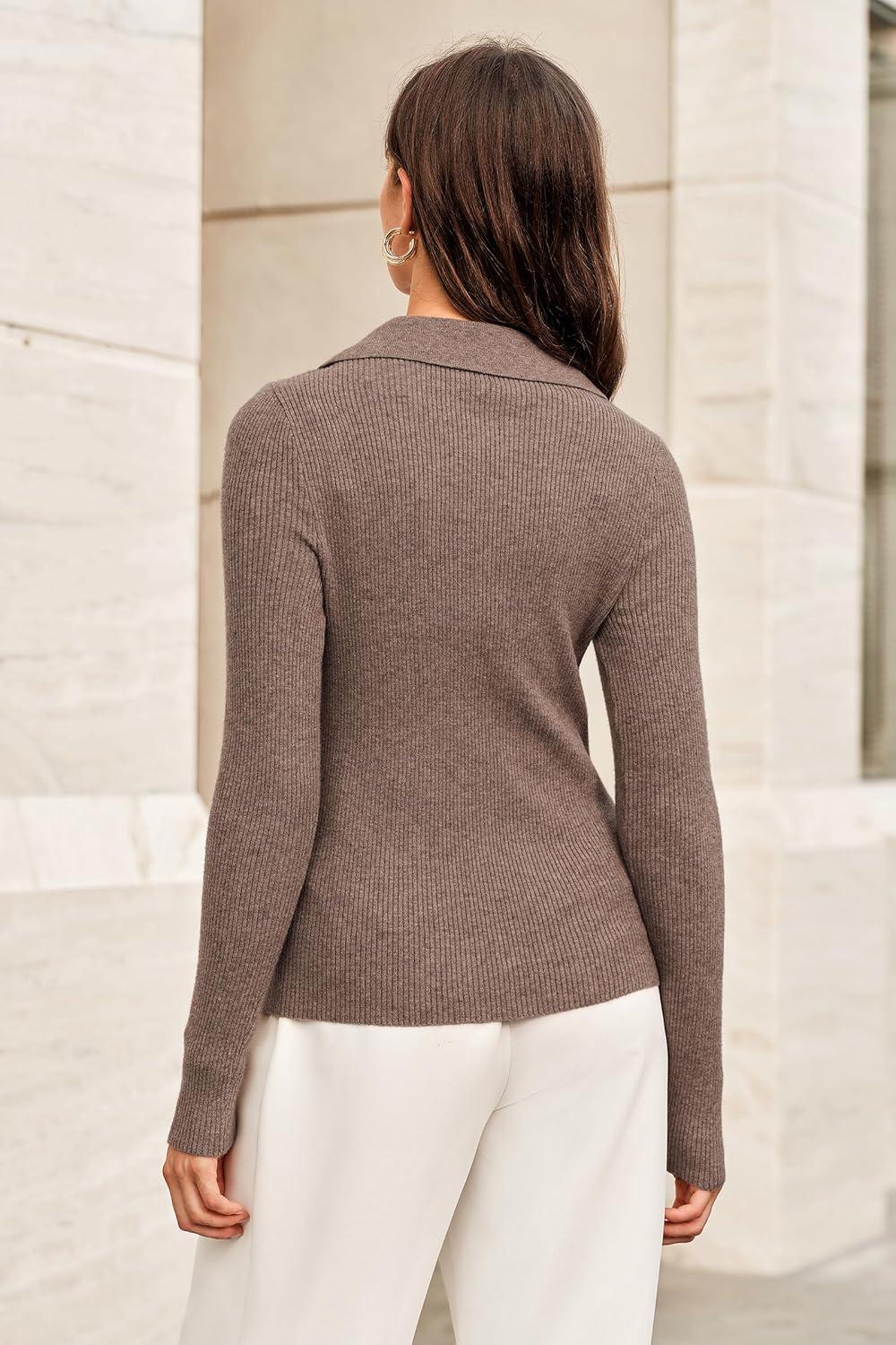 image:imageArachampCloz Womens Wool Blend Polo Sweater Shirt Business Casual Slim Fitted Fall Tops 2025Coffee