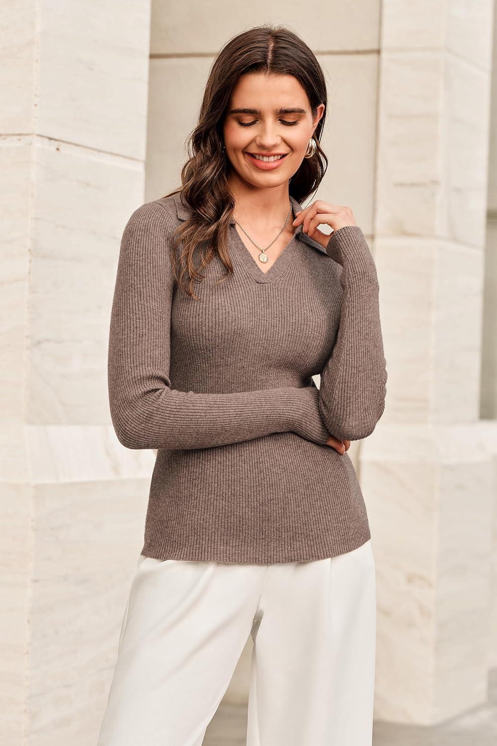 image:imageArachampCloz Womens Wool Blend Polo Sweater Shirt Business Casual Slim Fitted Fall Tops 2025Coffee