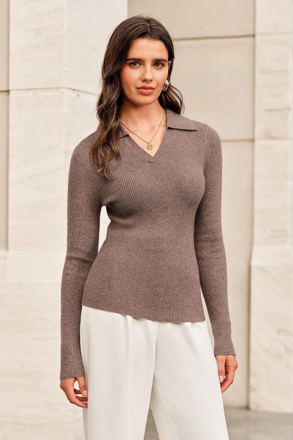 image:imageArachampCloz Womens Wool Blend Polo Sweater Shirt Business Casual Slim Fitted Fall Tops 2025Coffee