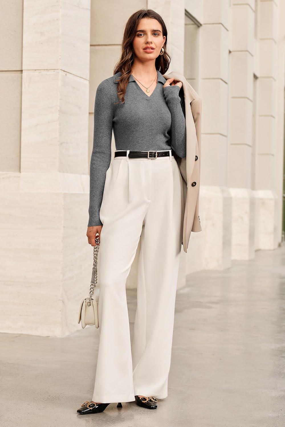 image:imageArachampCloz Womens Wool Blend Polo Sweater Shirt Business Casual Slim Fitted Fall Tops 2025Gray