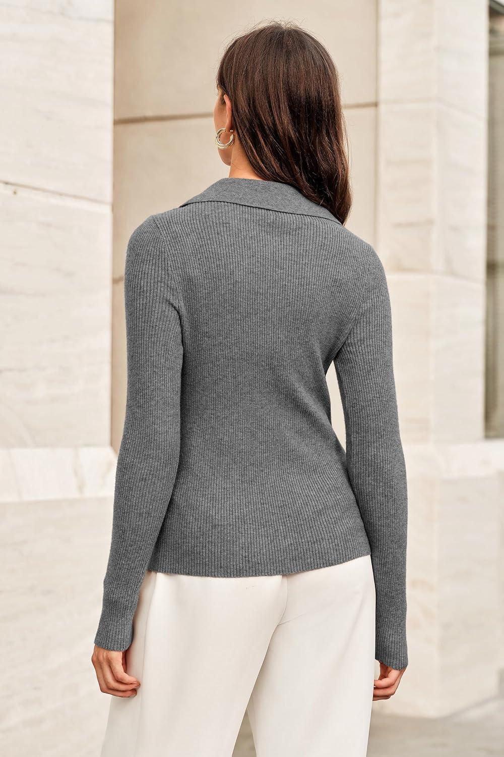 image:imageArachampCloz Womens Wool Blend Polo Sweater Shirt Business Casual Slim Fitted Fall Tops 2025Gray