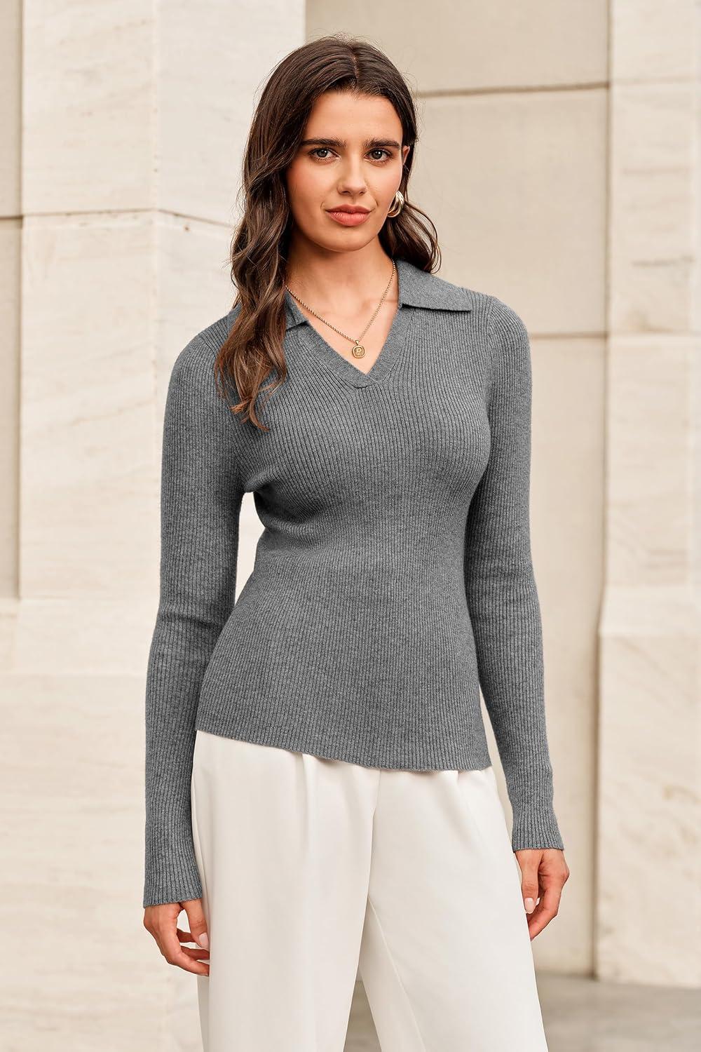 image:imageArachampCloz Womens Wool Blend Polo Sweater Shirt Business Casual Slim Fitted Fall Tops 2025Gray