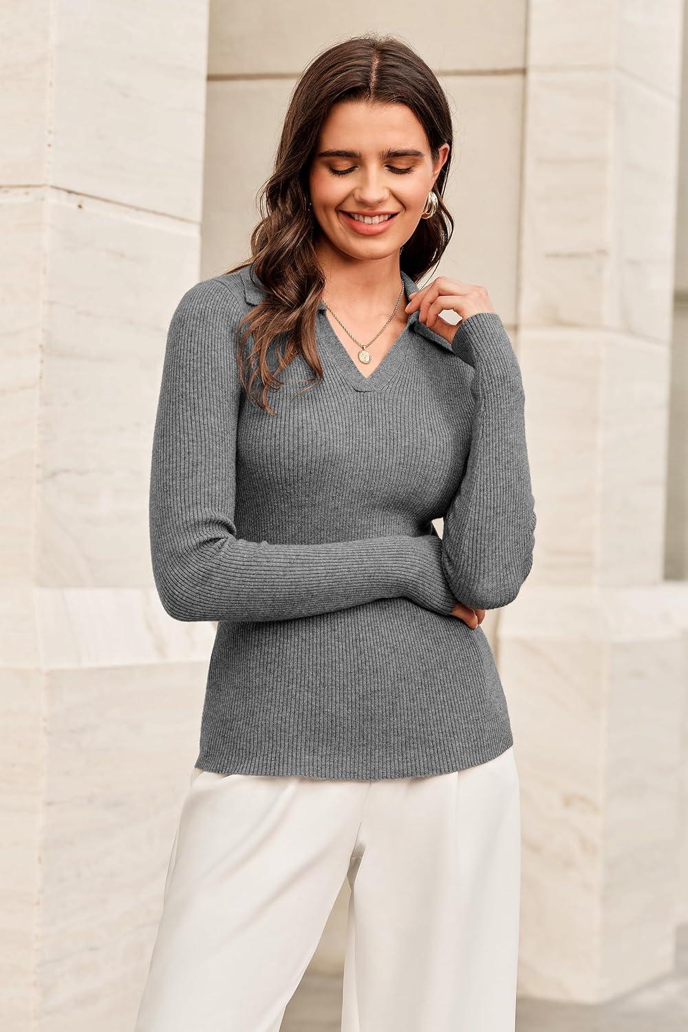 image:imageArachampCloz Womens Wool Blend Polo Sweater Shirt Business Casual Slim Fitted Fall Tops 2025Gray