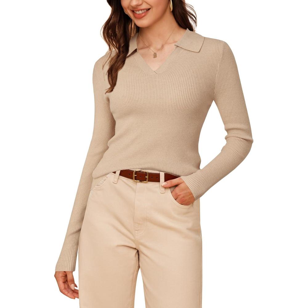 image:imageArachampCloz Womens Wool Blend Polo Sweater Shirt Business Casual Slim Fitted Fall Tops 2025Apricot