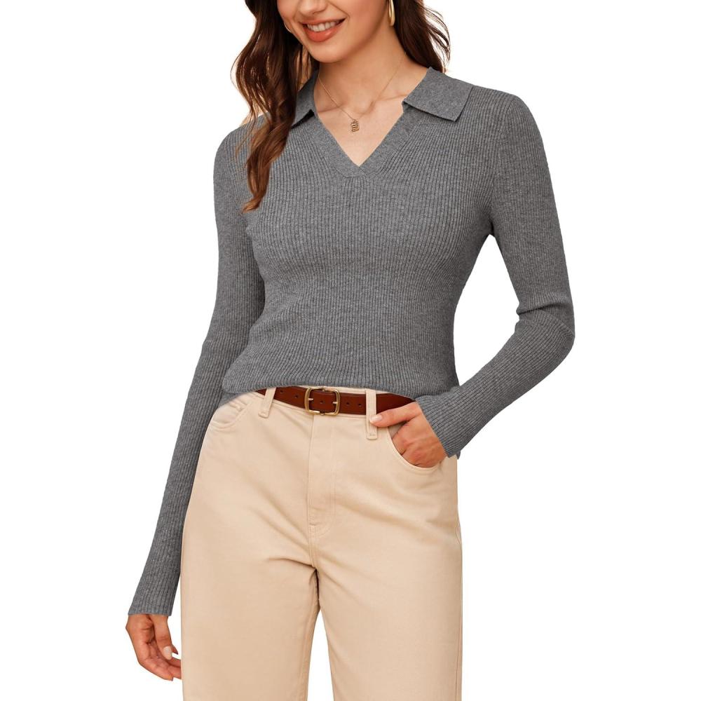 image:imageArachampCloz Womens Wool Blend Polo Sweater Shirt Business Casual Slim Fitted Fall Tops 2025Gray